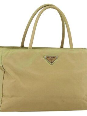 PRADA Hand Bag Nylon Beige Silver Auth ti3872